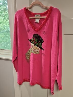 Quacker Factory Bright Pink Sequin Snowman V-Neck Sweater